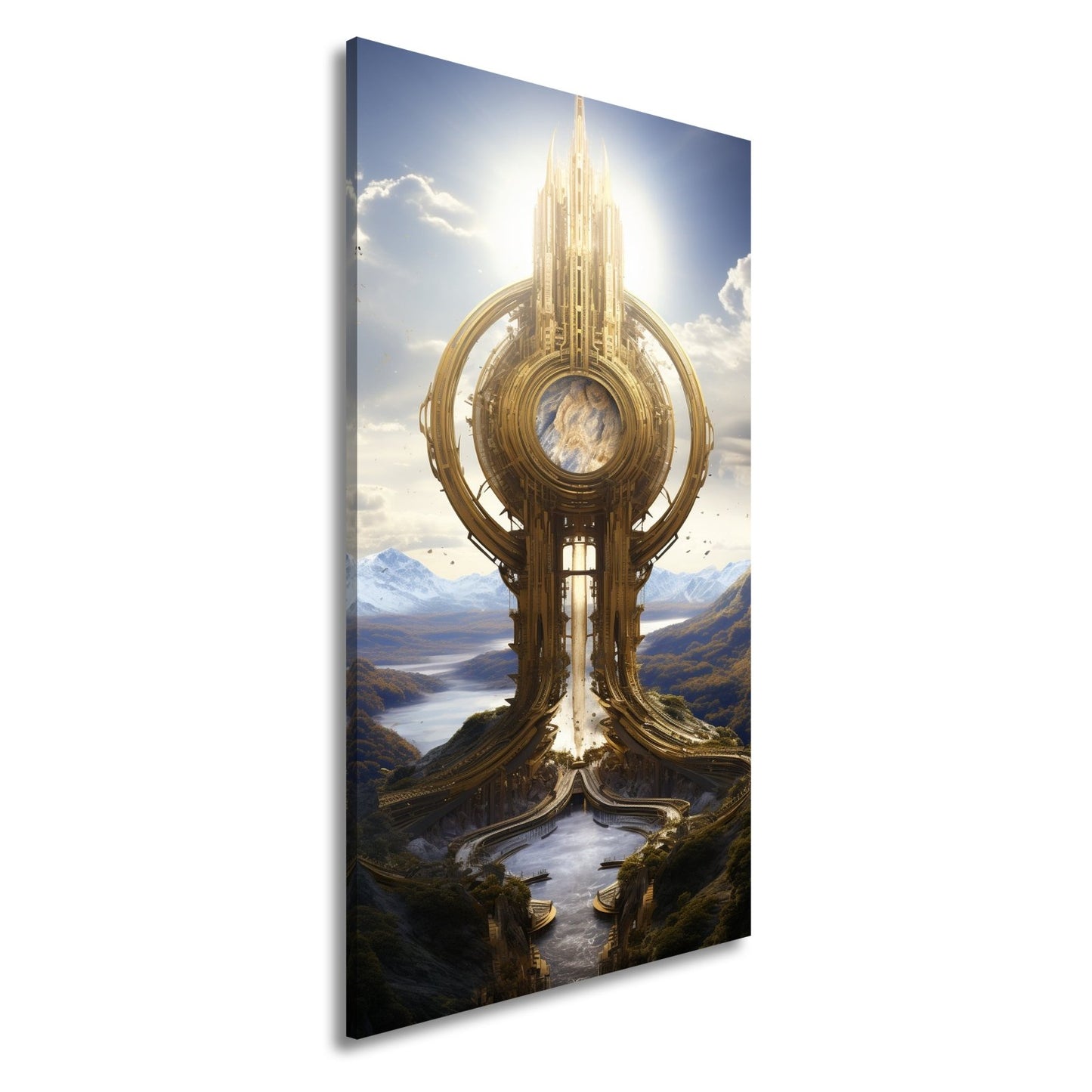 Leinwandbild Himmelsmonument XXL – Golden über weiten Bergen und Seen - deyoli