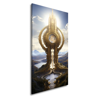 Leinwandbild Himmelsmonument XXL – Golden über weiten Bergen und Seen - deyoli
