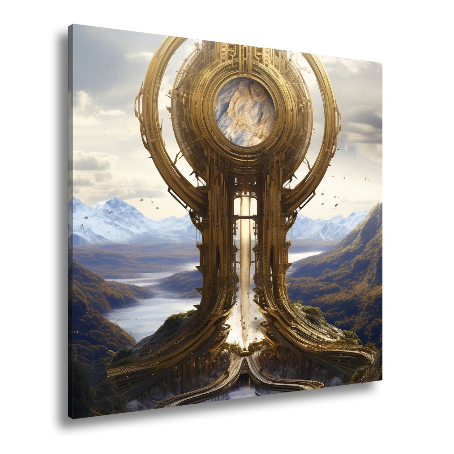 Leinwandbild Himmelsmonument XXL – Golden über weiten Bergen und Seen - deyoli