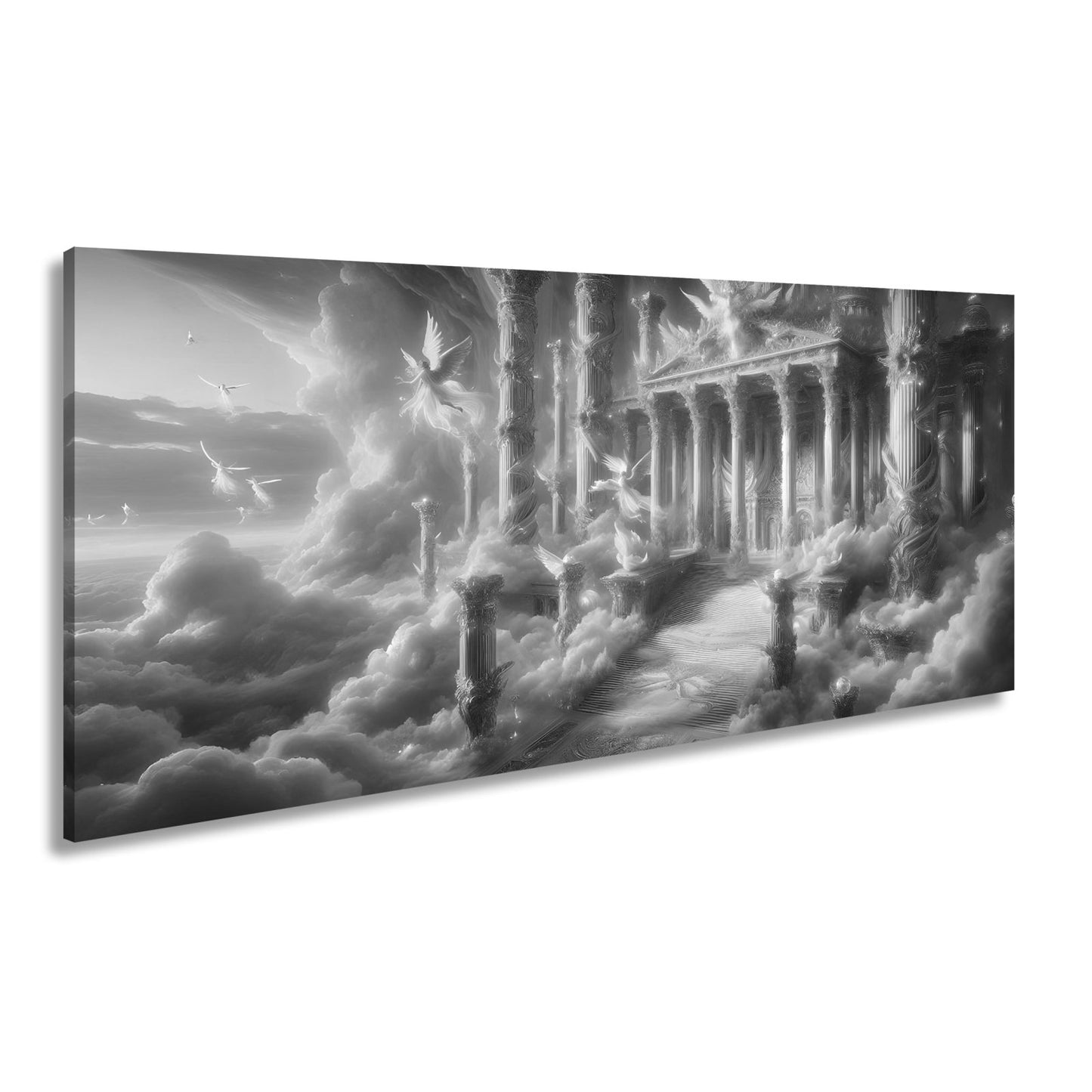 Leinwandbild Himmlischer Palast aus Licht, Gold und schwebenden Engeln. - deyoli