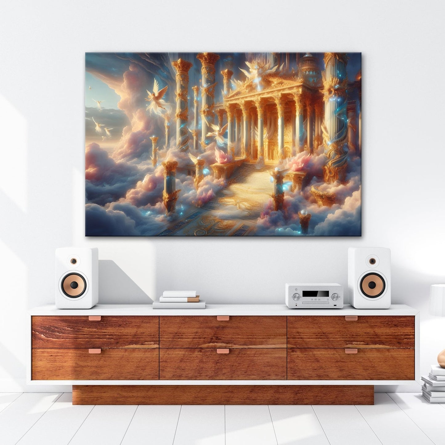 Leinwandbild Himmlischer Palast aus Licht, Gold und schwebenden Engeln. - deyoli