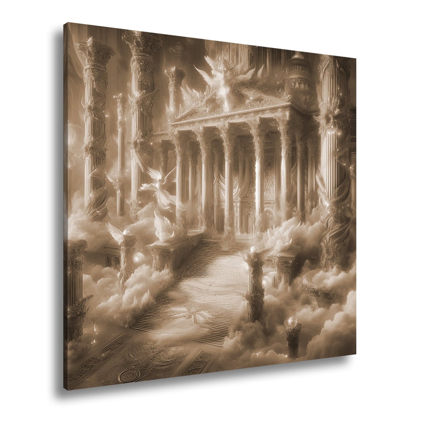Leinwandbild Himmlischer Palast aus Licht, Gold und schwebenden Engeln. - deyoli