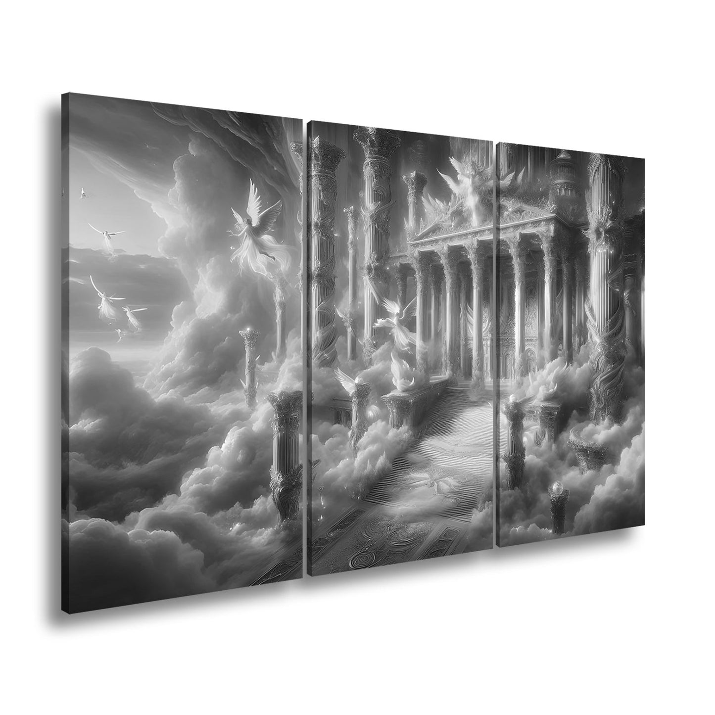 Leinwandbild Himmlischer Palast aus Licht, Gold und schwebenden Engeln. - deyoli