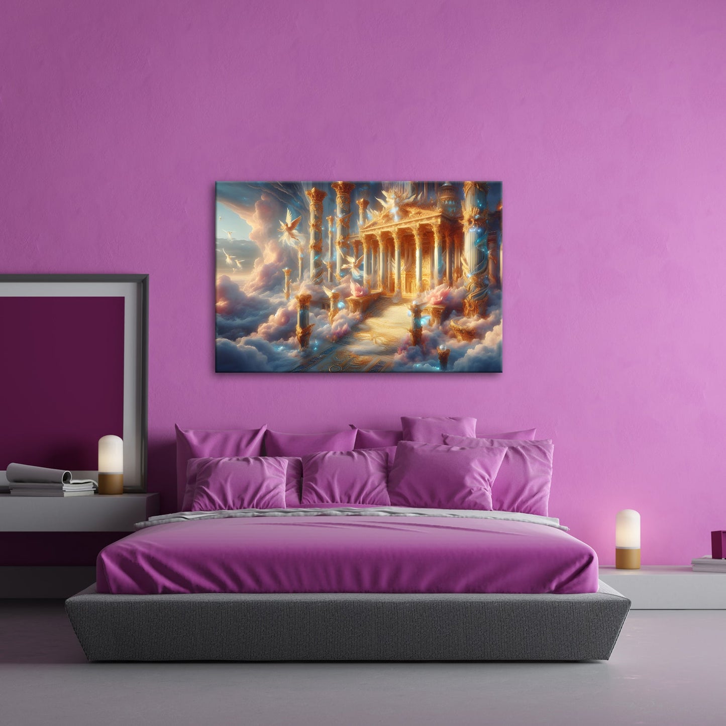 Leinwandbild Himmlischer Palast aus Licht, Gold und schwebenden Engeln. - deyoli