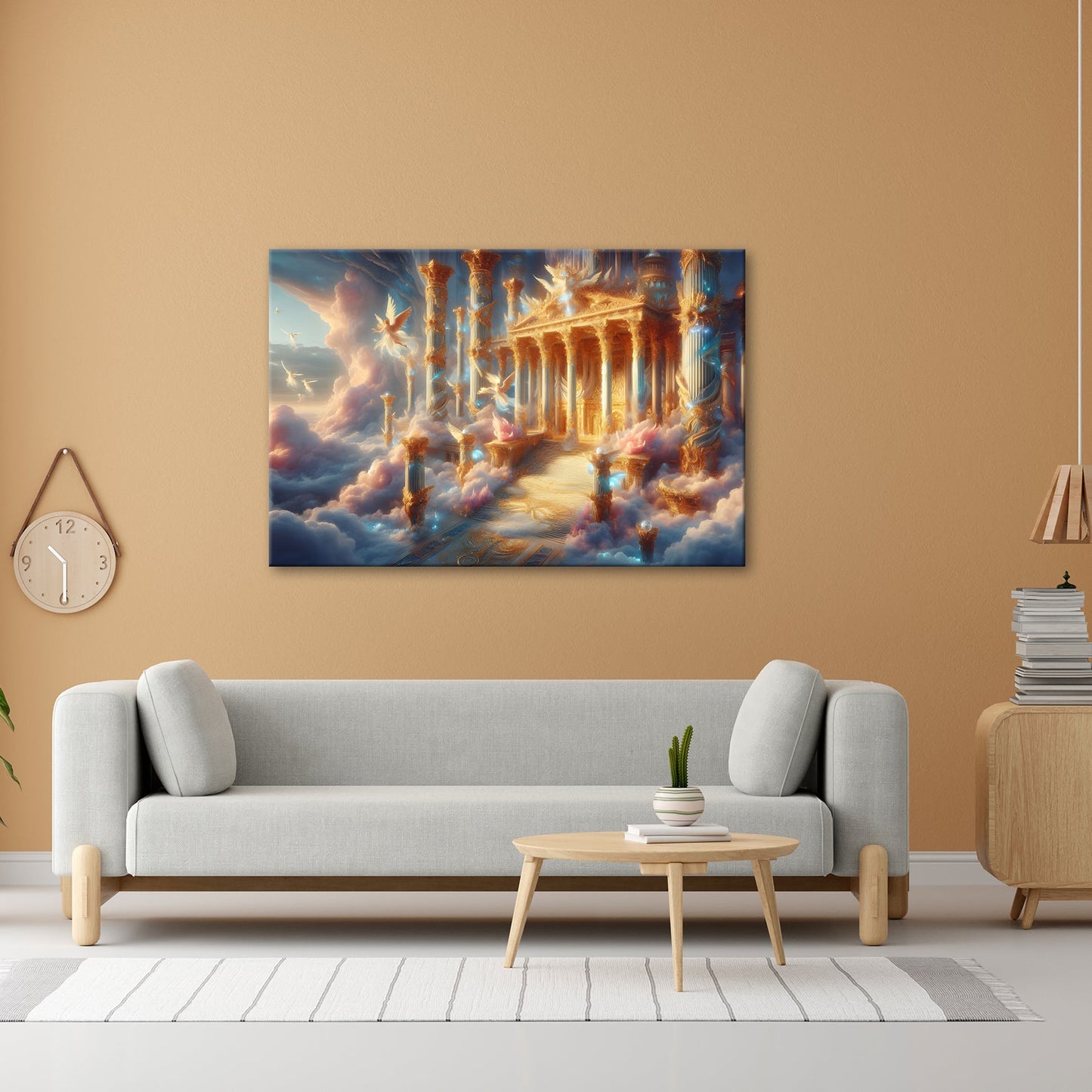 Leinwandbild Himmlischer Palast aus Licht, Gold und schwebenden Engeln. - deyoli