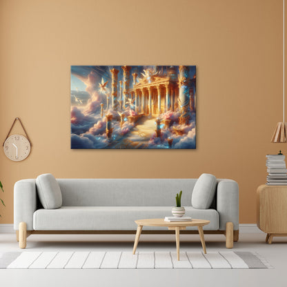 Leinwandbild Himmlischer Palast aus Licht, Gold und schwebenden Engeln. - deyoli