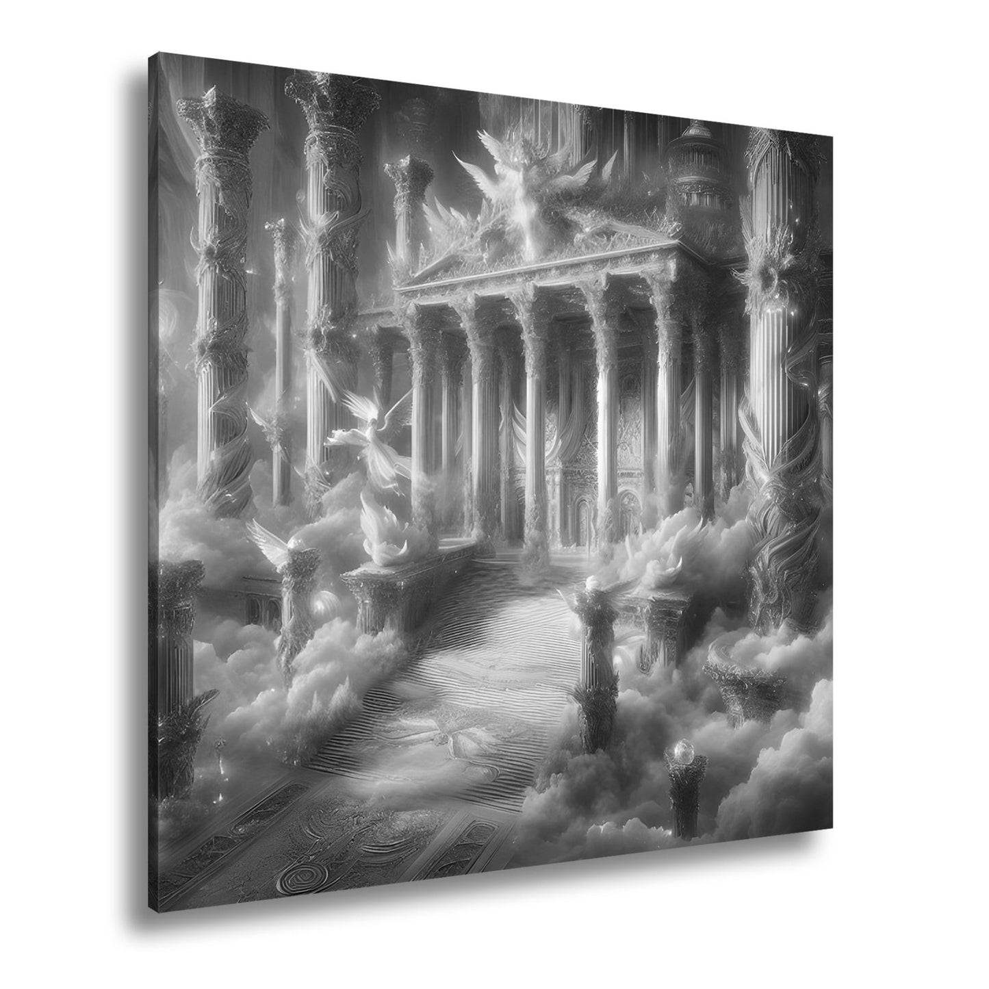 Leinwandbild Himmlischer Palast aus Licht, Gold und schwebenden Engeln. - deyoli