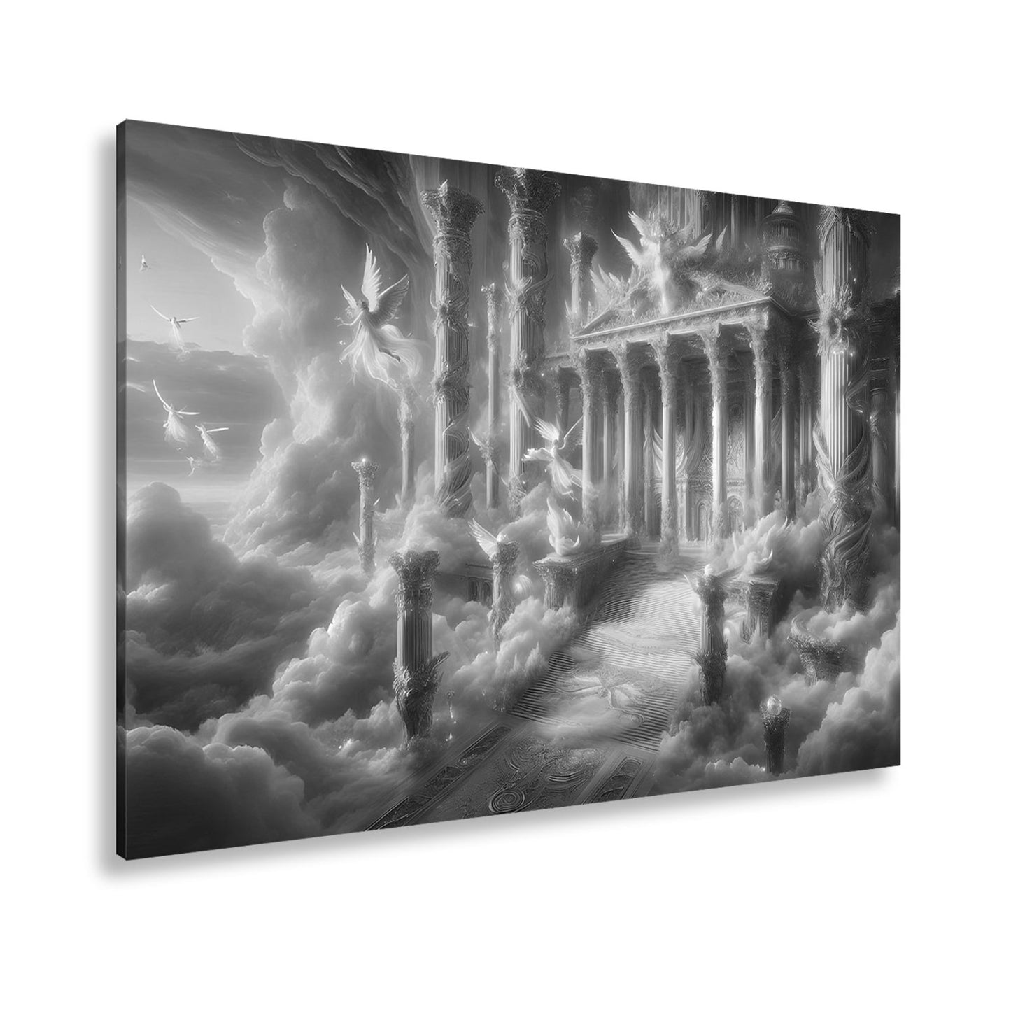 Leinwandbild Himmlischer Palast aus Licht, Gold und schwebenden Engeln. - deyoli