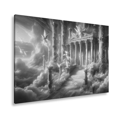 Leinwandbild Himmlischer Palast aus Licht, Gold und schwebenden Engeln. - deyoli