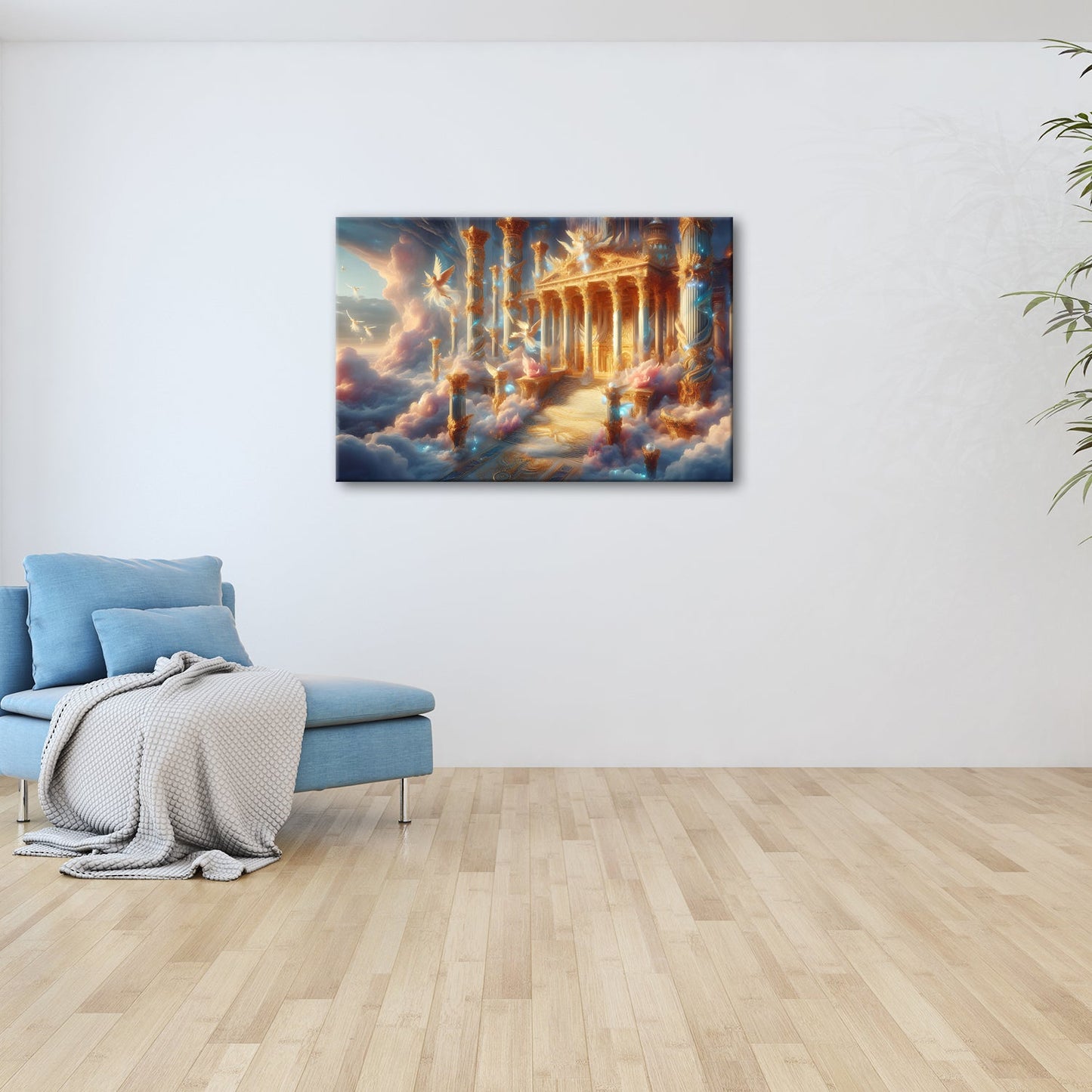 Leinwandbild Himmlischer Palast aus Licht, Gold und schwebenden Engeln. - deyoli