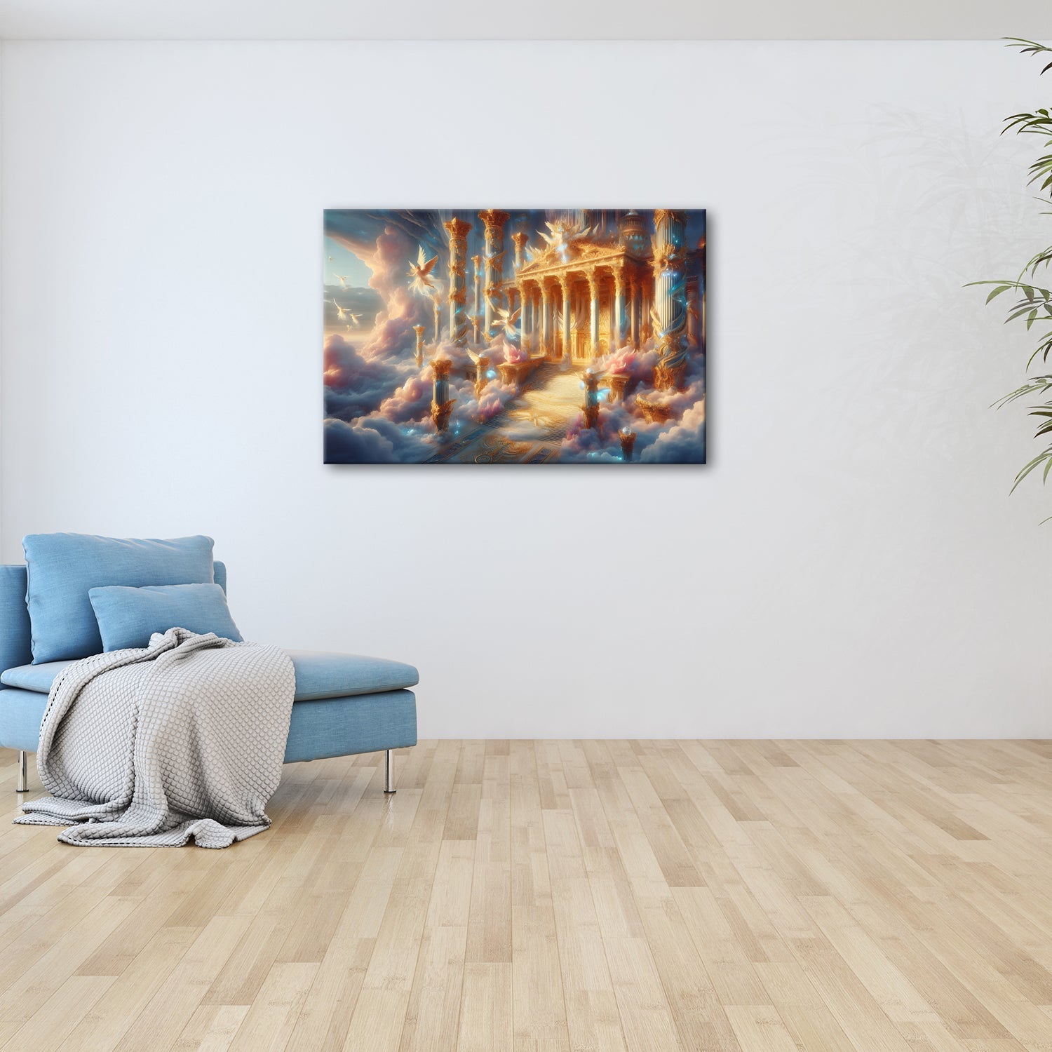 Leinwandbild Himmlischer Palast aus Licht, Gold und schwebenden Engeln. - deyoli