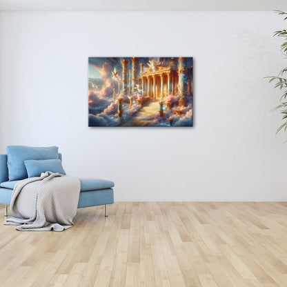 Leinwandbild Himmlischer Palast aus Licht, Gold und schwebenden Engeln. - deyoli