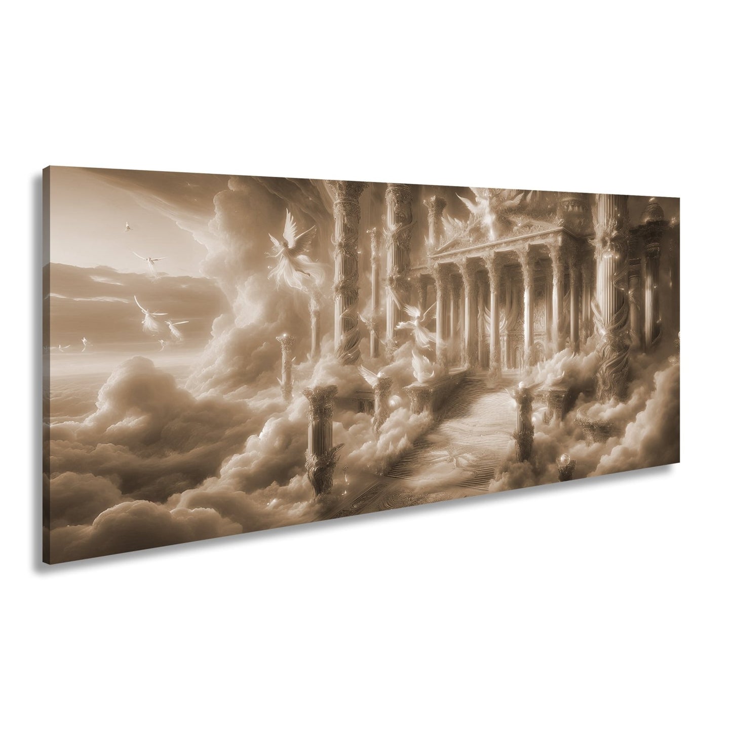 Leinwandbild Himmlischer Palast aus Licht, Gold und schwebenden Engeln. - deyoli