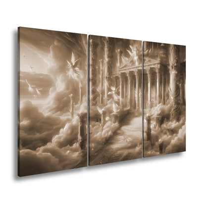 Leinwandbild Himmlischer Palast aus Licht, Gold und schwebenden Engeln. - deyoli