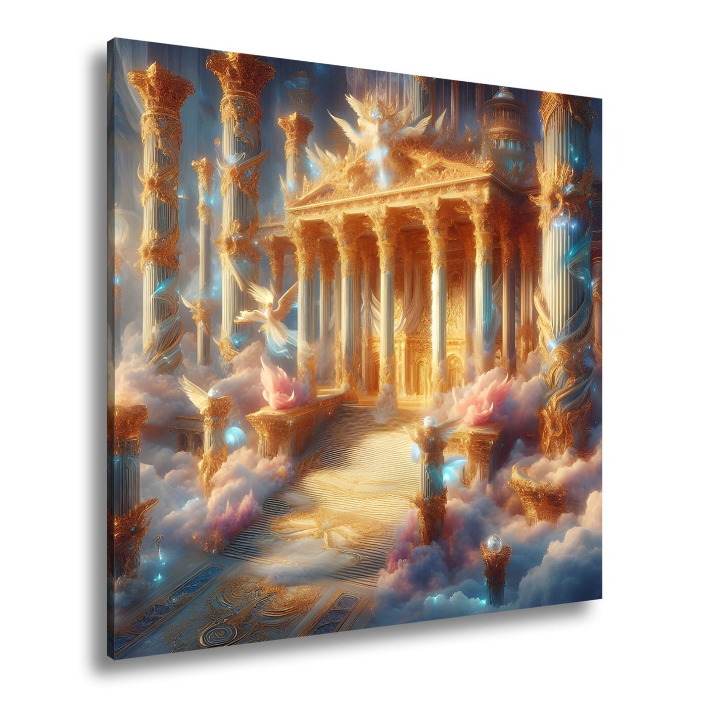 Leinwandbild Himmlischer Palast aus Licht, Gold und schwebenden Engeln. - deyoli