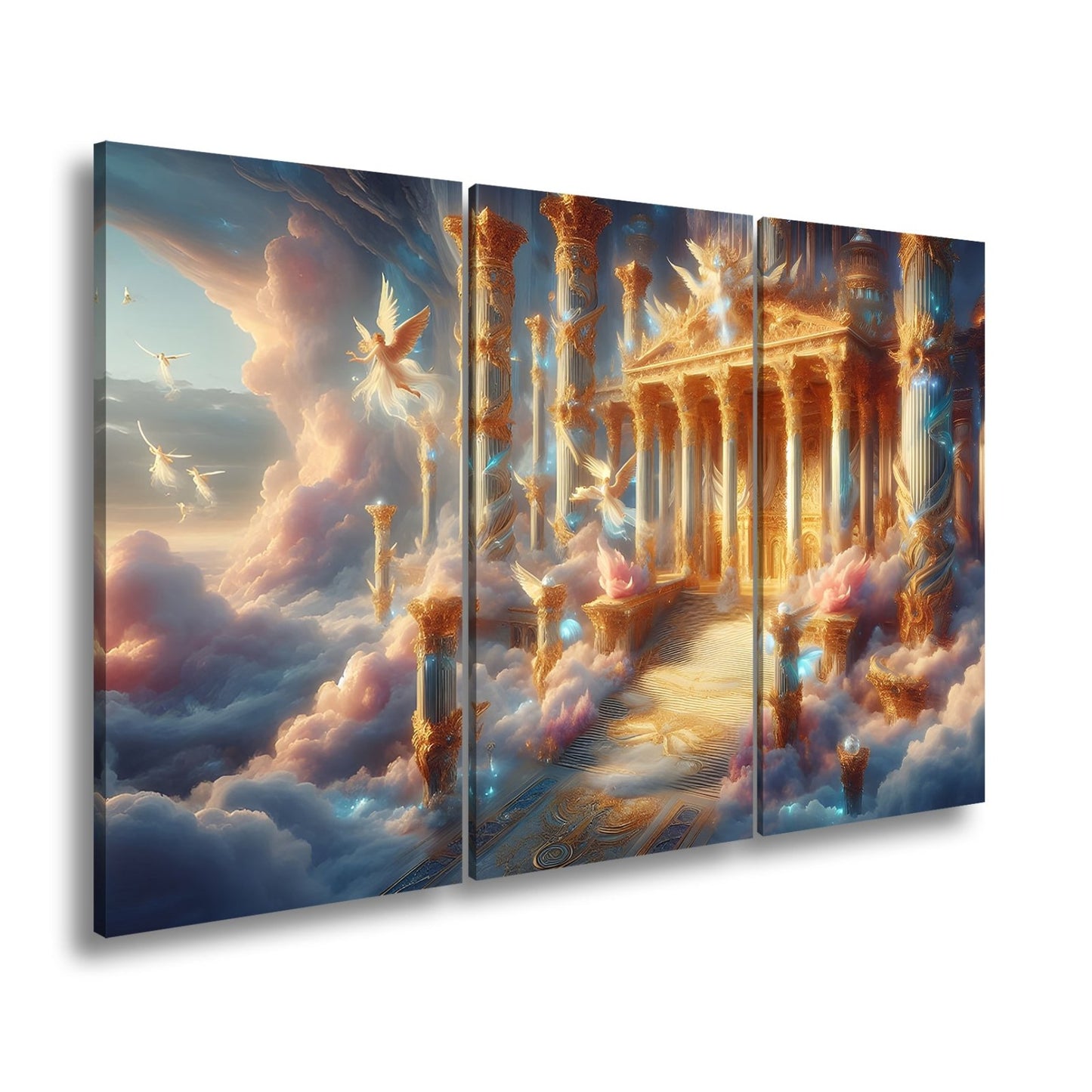 Leinwandbild Himmlischer Palast aus Licht, Gold und schwebenden Engeln. - deyoli