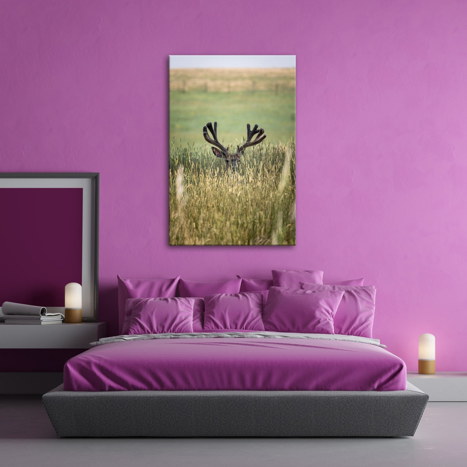 Leinwandbild Hirsch im hohen goldenen Gras XXL – Wildtiere Wandbild Natur - deyoli