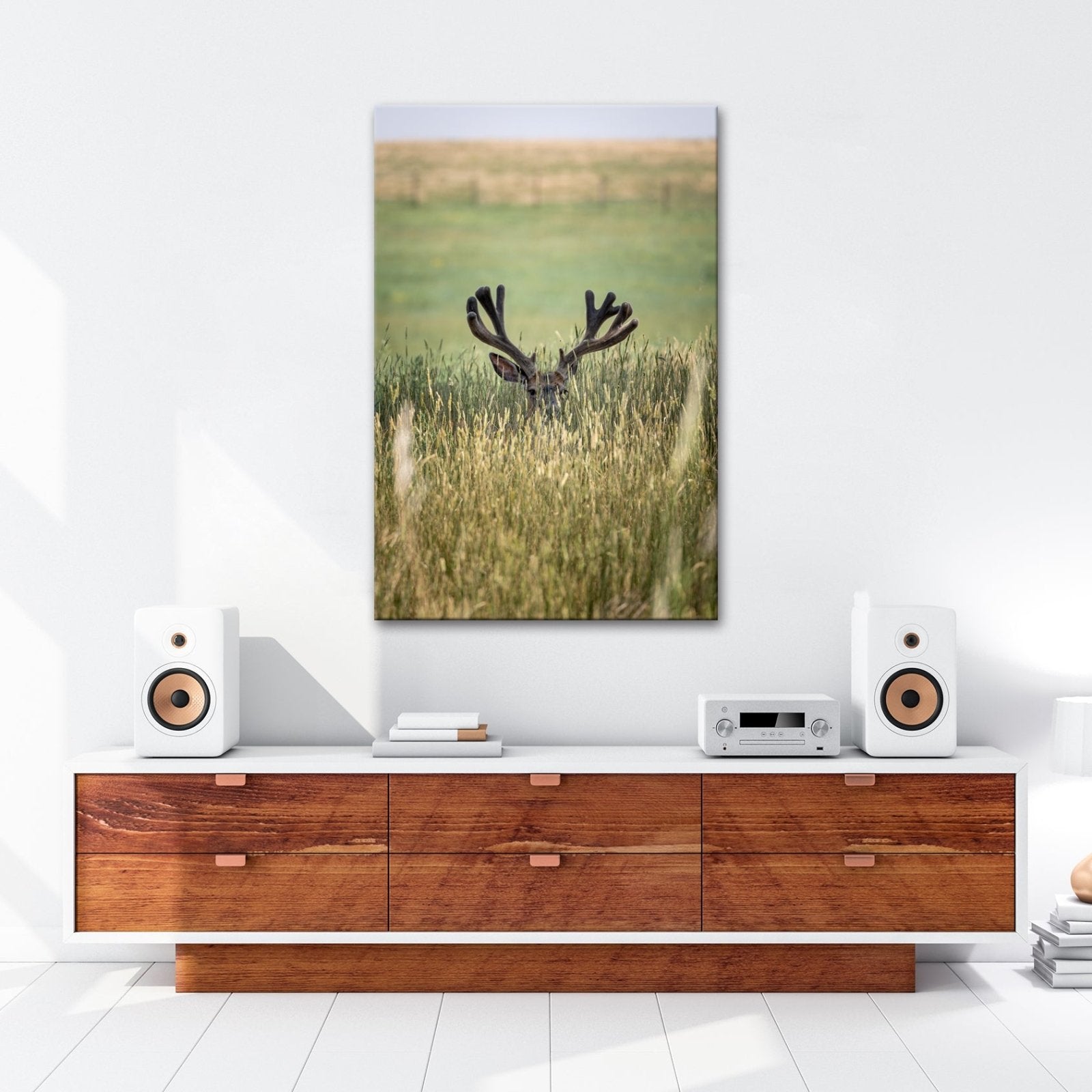 Leinwandbild Hirsch im hohen goldenen Gras XXL – Wildtiere Wandbild Natur - deyoli