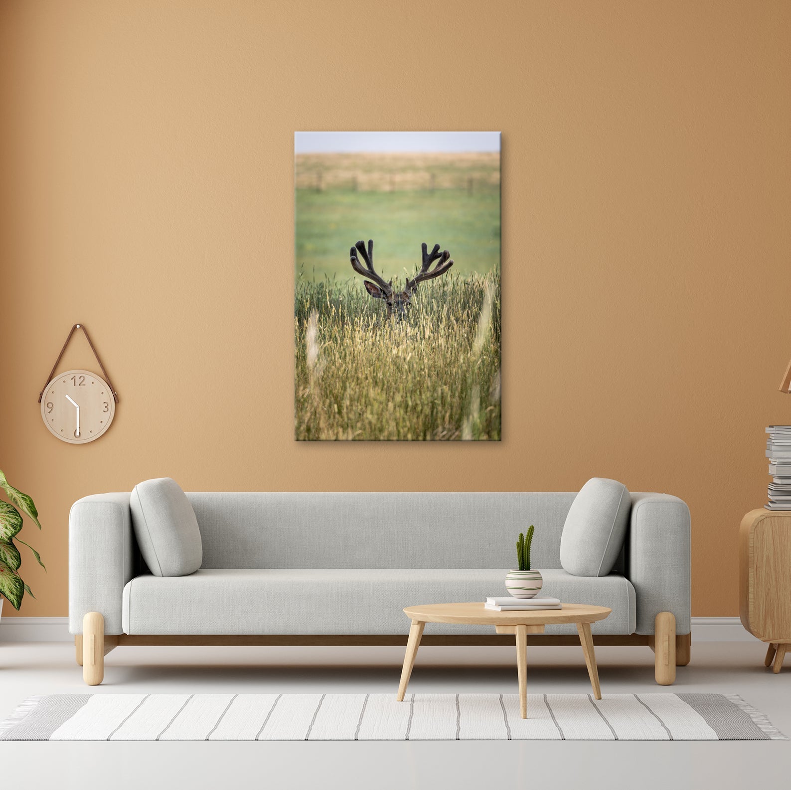 Leinwandbild Hirsch im hohen goldenen Gras XXL – Wildtiere Wandbild Natur - deyoli