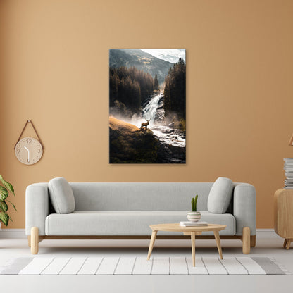 Leinwandbild Hirsch vor tosender Wasserfallkulisse - deyoli