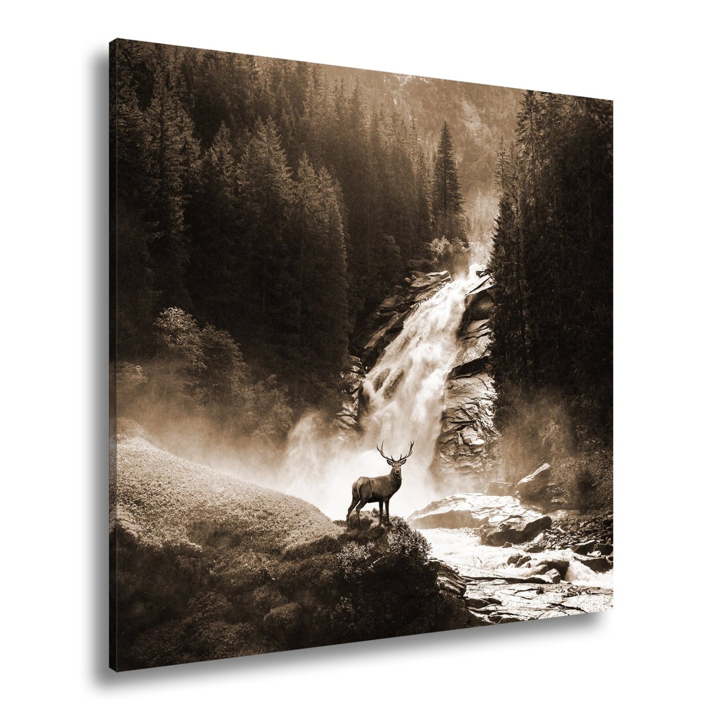 Leinwandbild Hirsch vor tosender Wasserfallkulisse - deyoli