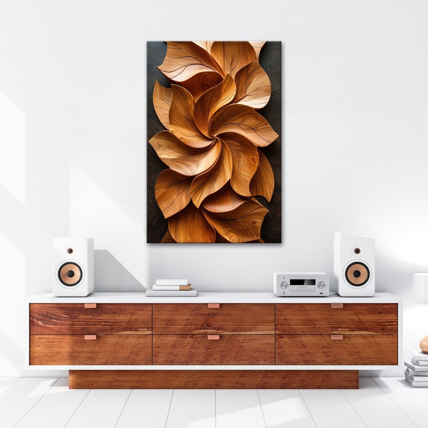 Leinwandbild Holzblätter wirbeln in kunstvoller, natürlicher Harmonie. - deyoli