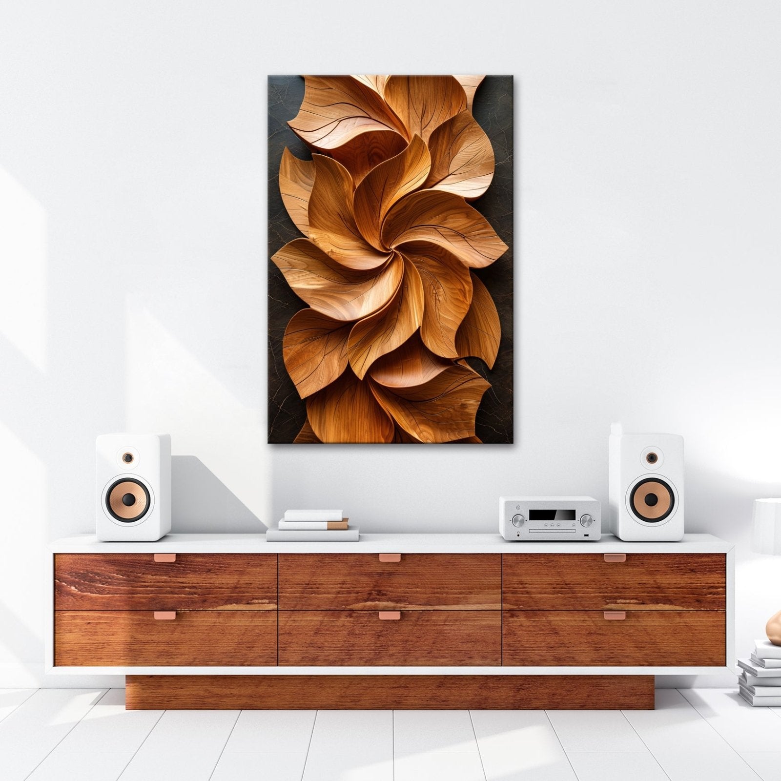 Leinwandbild Holzblätter wirbeln in kunstvoller, natürlicher Harmonie. - deyoli