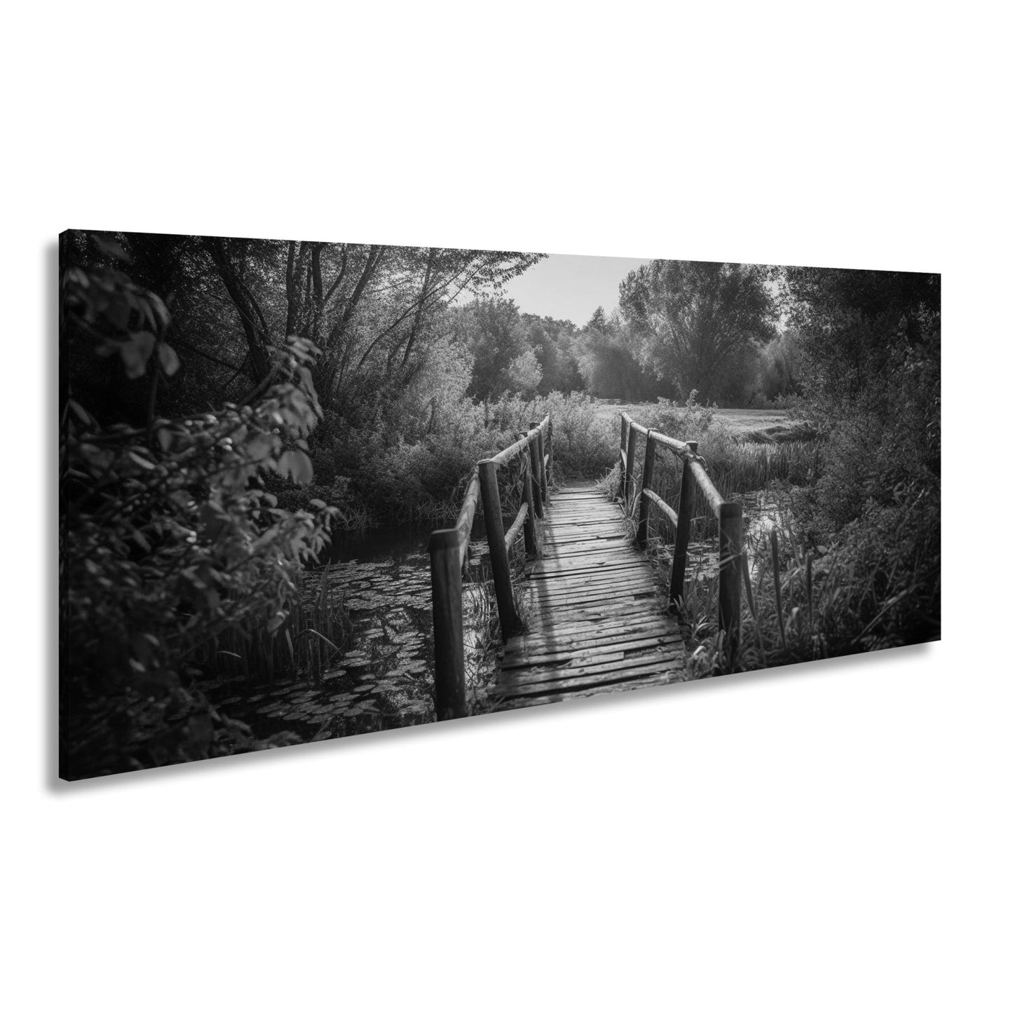 Leinwandbild Holzbrücke XXL – Alt im warmen Licht eines stillen Tals - deyoli