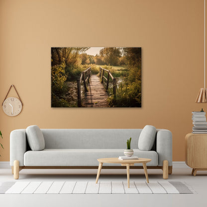 Leinwandbild Holzbrücke XXL – Alt im warmen Licht eines stillen Tals - deyoli