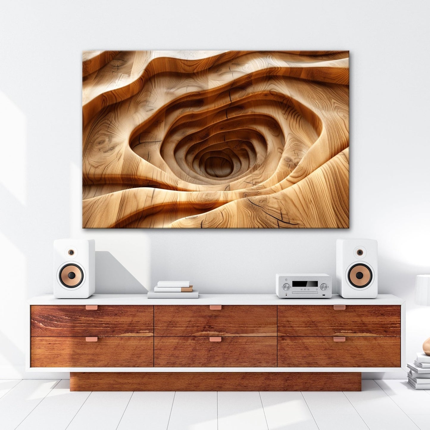 Leinwandbild Holzlandschaft mit spiralförmiger Tiefe – sanft und geheimnisvoll. - deyoli
