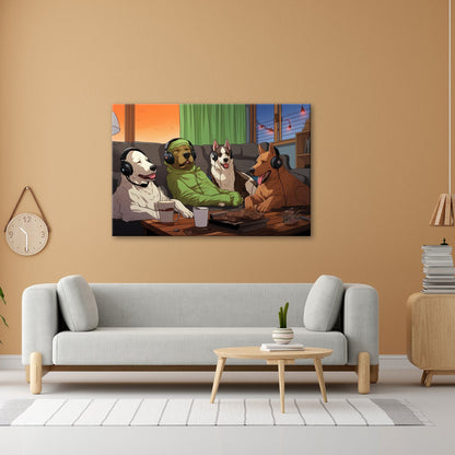 Leinwandbild Hundeclique im Gaming - Fieber – Headsets, Snacks, Teamgeist. - deyoli