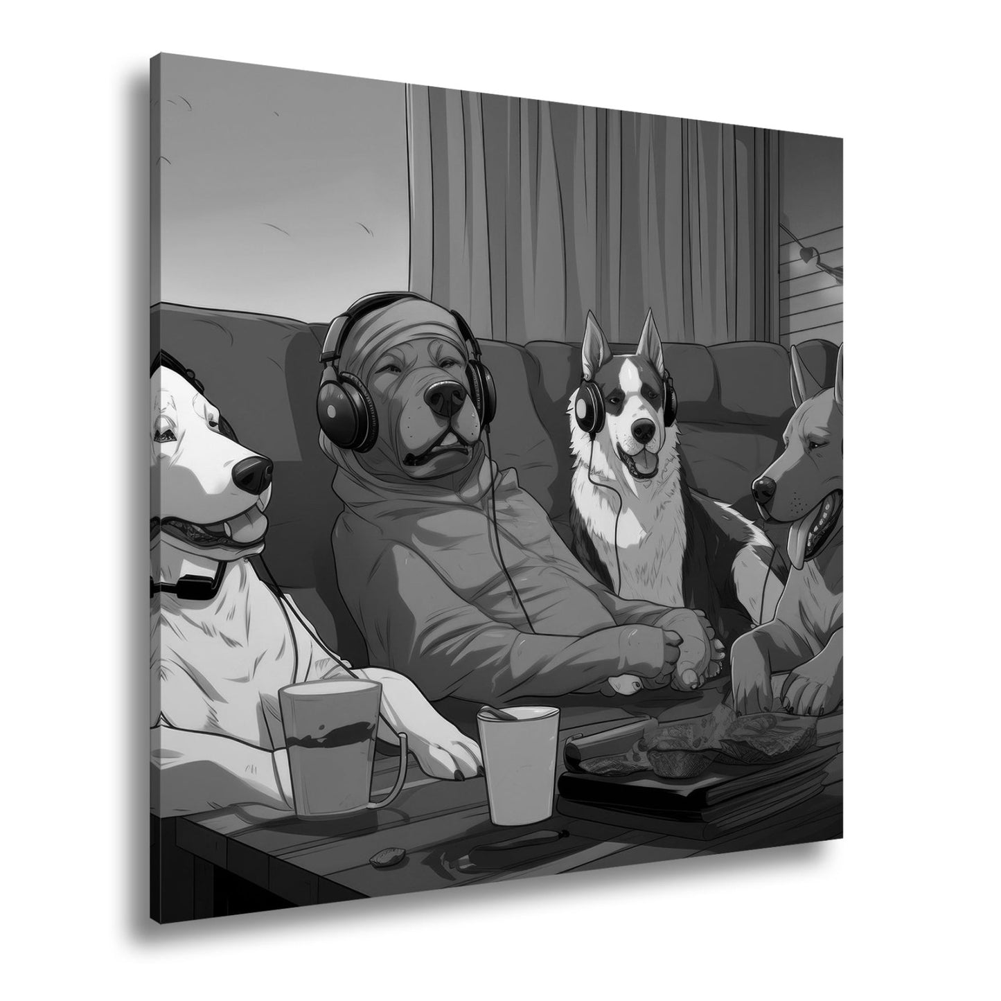Leinwandbild Hundeclique im Gaming - Fieber – Headsets, Snacks, Teamgeist. - deyoli