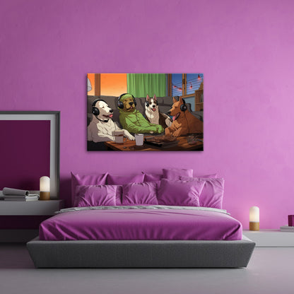 Leinwandbild Hundeclique im Gaming - Fieber – Headsets, Snacks, Teamgeist. - deyoli