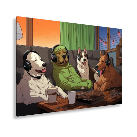 Leinwandbild Hundeclique im Gaming - Fieber – Headsets, Snacks, Teamgeist. - deyoli