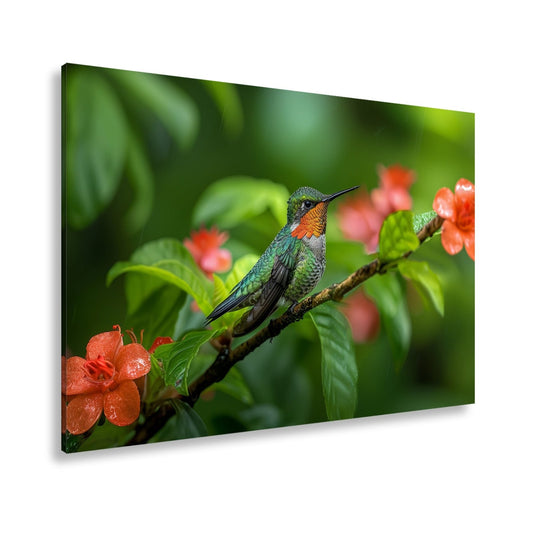 Leinwandbild Inmitten von Blüten wacht ein Juwel auf seinem Zweig. - deyoli