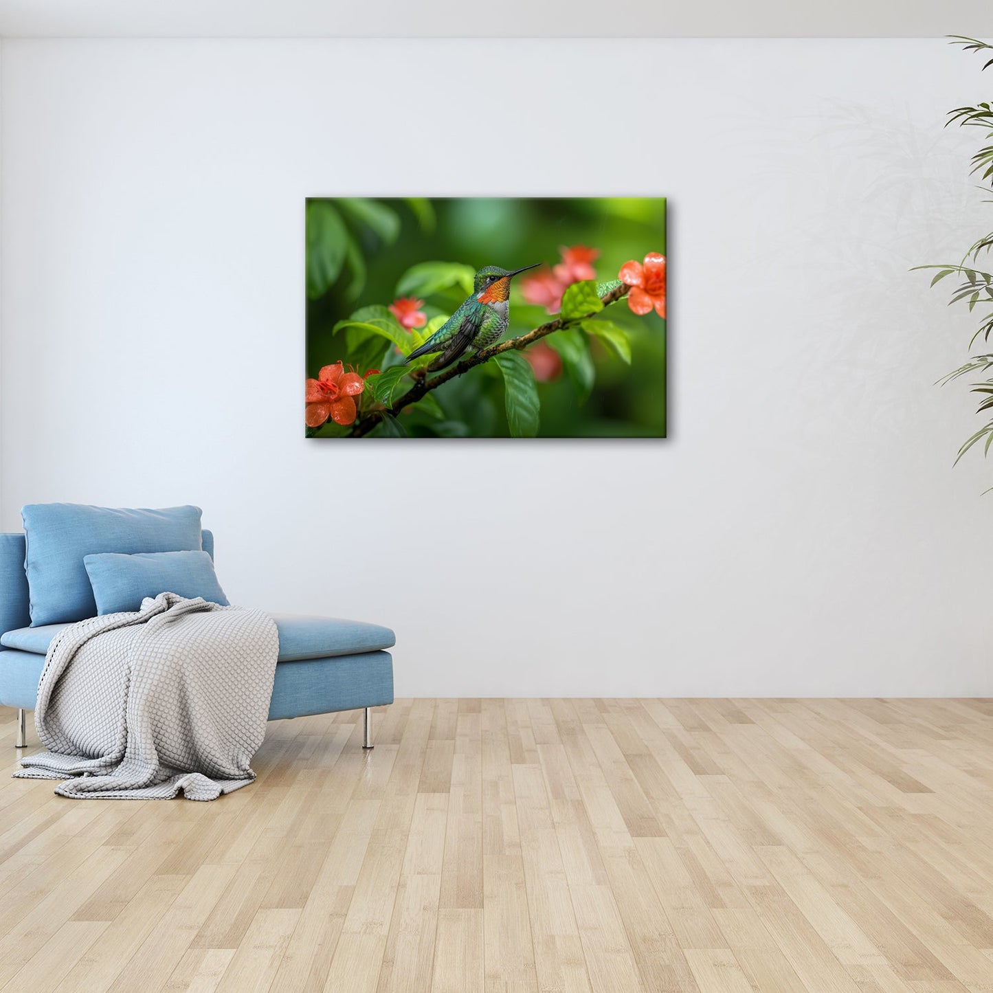 Leinwandbild Inmitten von Blüten wacht ein Juwel auf seinem Zweig. - deyoli
