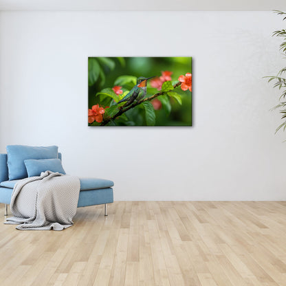 Leinwandbild Inmitten von Blüten wacht ein Juwel auf seinem Zweig. - deyoli