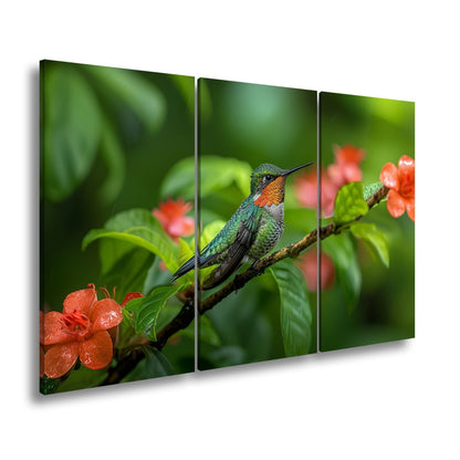 Leinwandbild Inmitten von Blüten wacht ein Juwel auf seinem Zweig. - deyoli