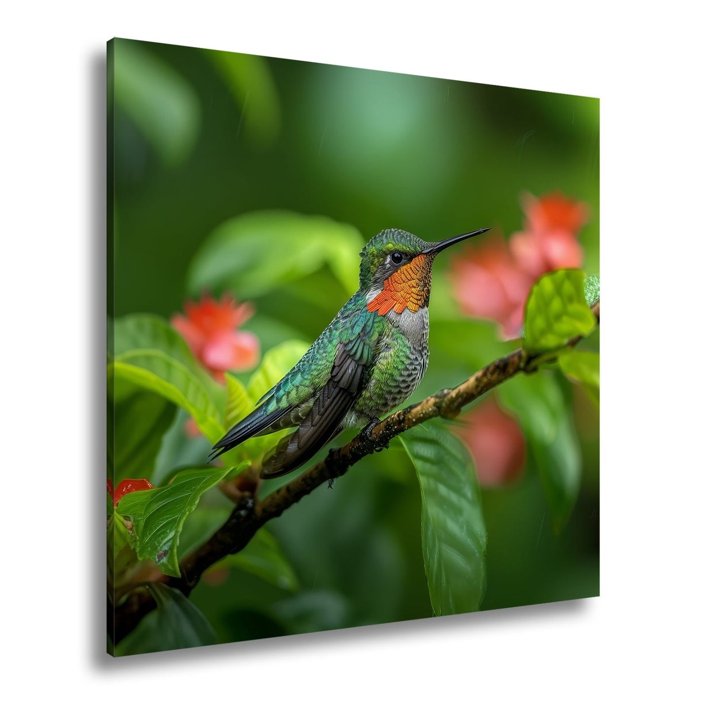Leinwandbild Inmitten von Blüten wacht ein Juwel auf seinem Zweig. - deyoli