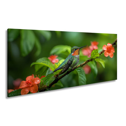 Leinwandbild Inmitten von Blüten wacht ein Juwel auf seinem Zweig. - deyoli