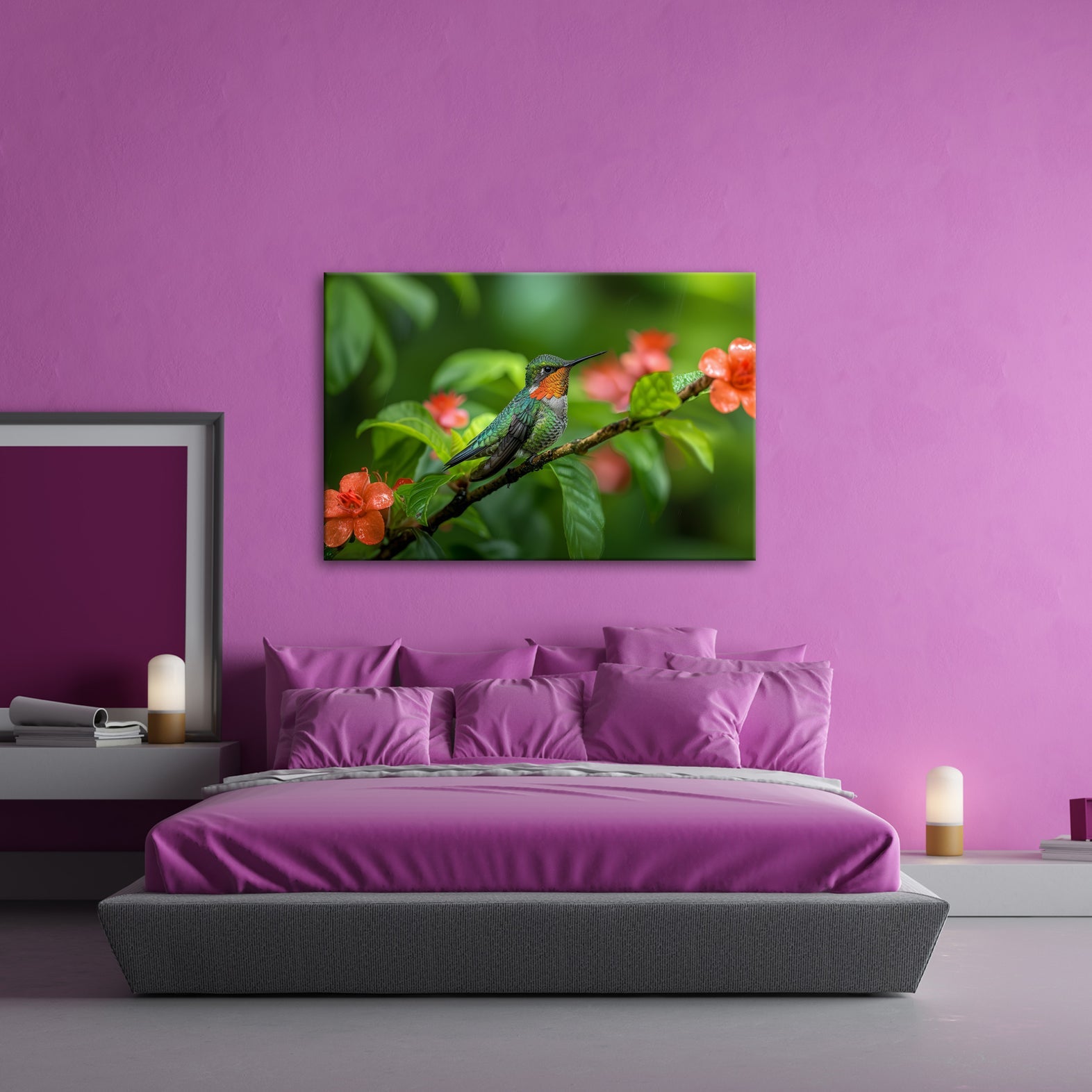 Leinwandbild Inmitten von Blüten wacht ein Juwel auf seinem Zweig. - deyoli