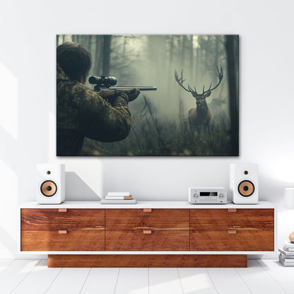 Leinwandbild Jäger XXL – Im Nebel visiert den stolzen Hirsch an - deyoli