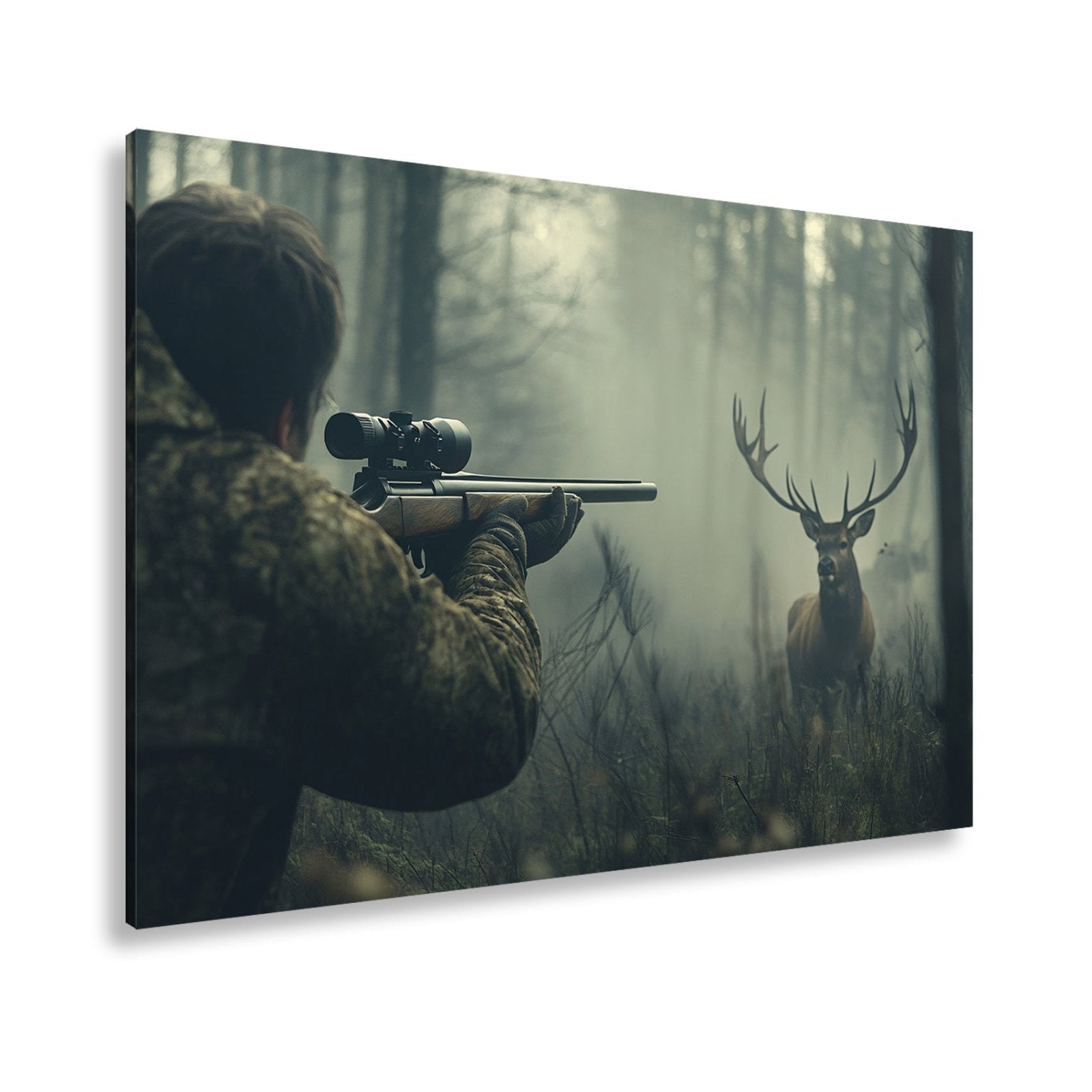 Leinwandbild Jäger XXL – Im Nebel visiert den stolzen Hirsch an - deyoli