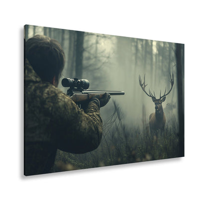 Leinwandbild Jäger XXL – Im Nebel visiert den stolzen Hirsch an - deyoli