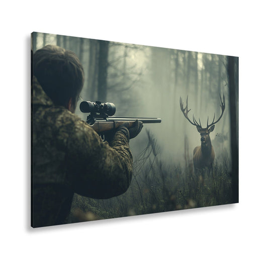 Leinwandbild Jäger XXL – Im Nebel visiert den stolzen Hirsch an - deyoli