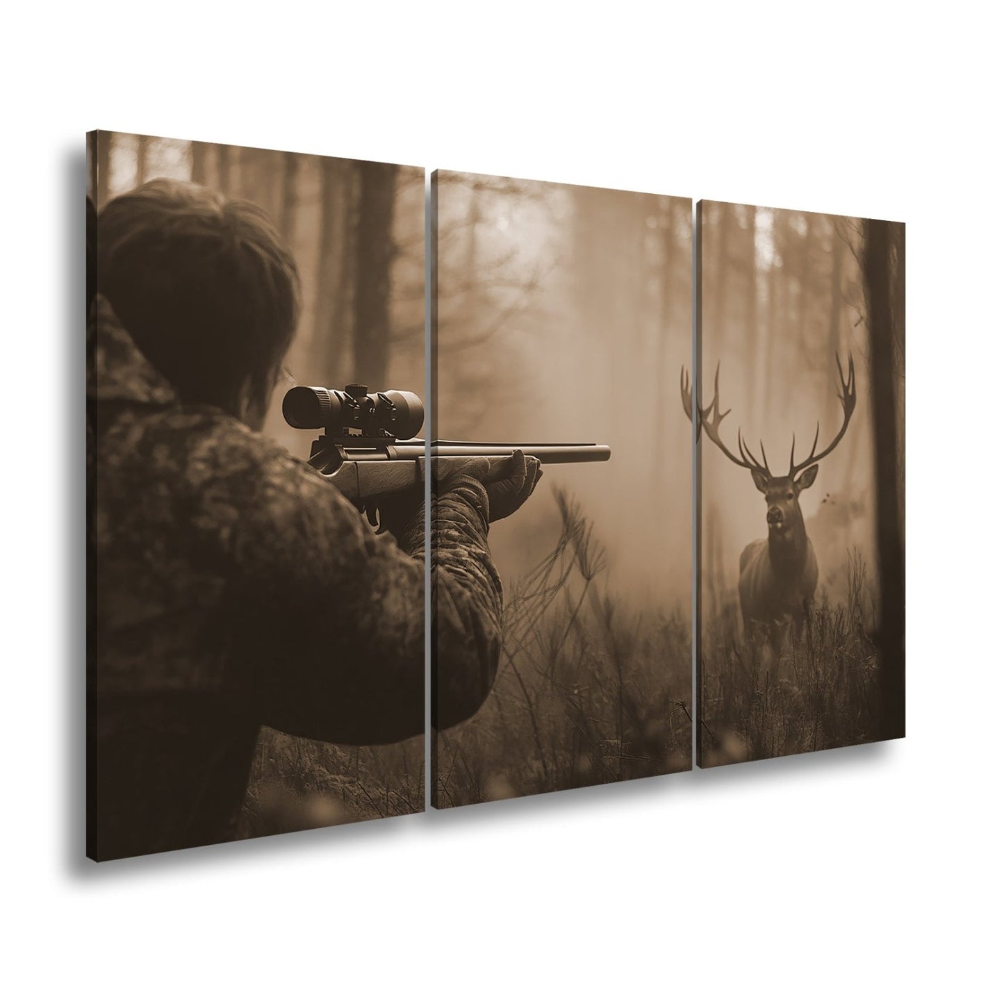 Leinwandbild Jäger XXL – Im Nebel visiert den stolzen Hirsch an - deyoli