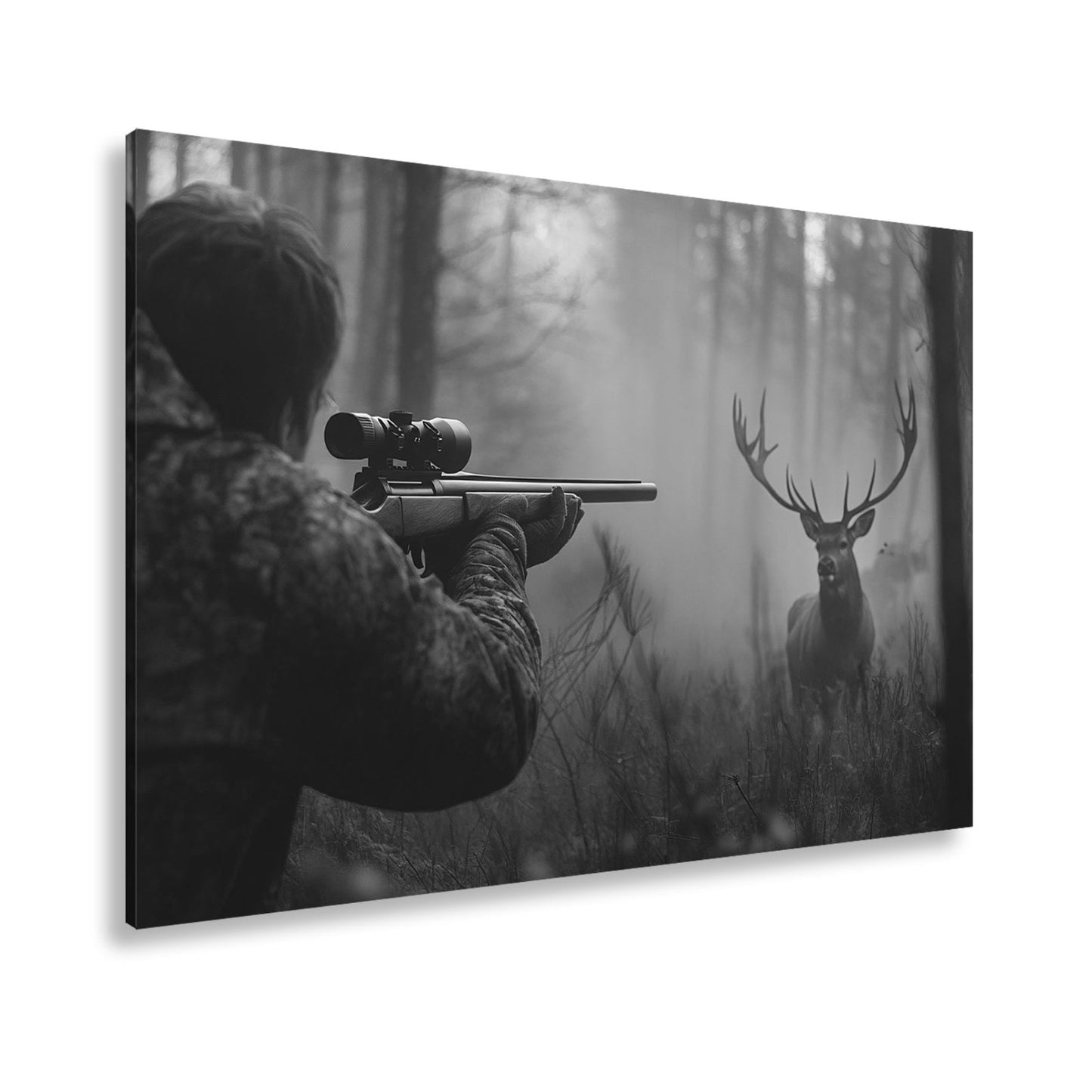 Leinwandbild Jäger XXL – Im Nebel visiert den stolzen Hirsch an - deyoli