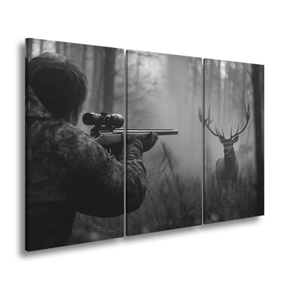 Leinwandbild Jäger XXL – Im Nebel visiert den stolzen Hirsch an - deyoli