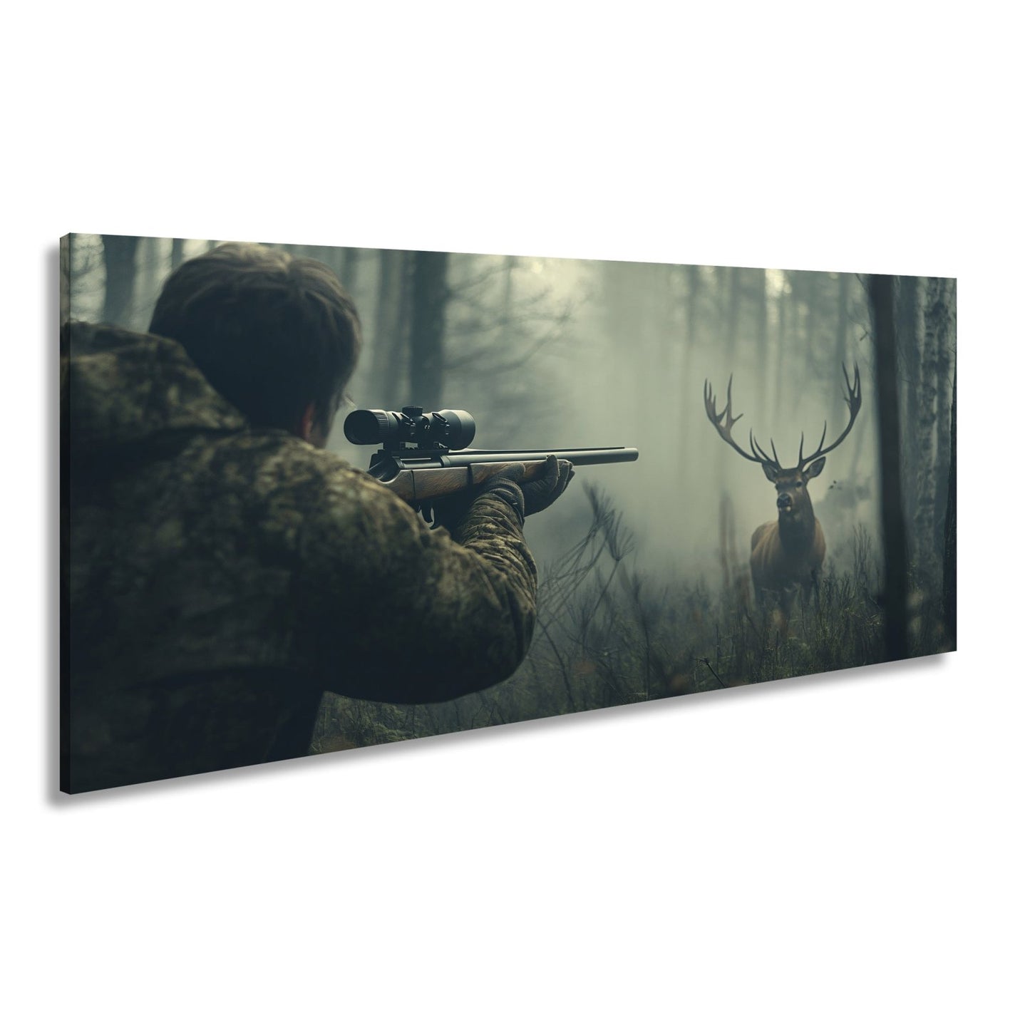 Leinwandbild Jäger XXL – Im Nebel visiert den stolzen Hirsch an - deyoli