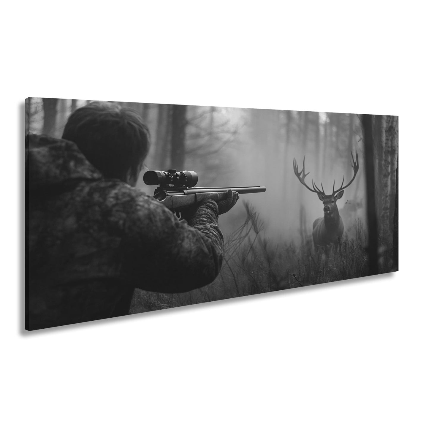 Leinwandbild Jäger XXL – Im Nebel visiert den stolzen Hirsch an - deyoli